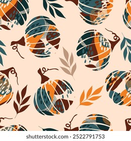 Abstract seamless pattern of Halloween pumpkins with leaves. Perfect for fall, Halloween, holidays, fabric, textile.