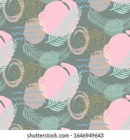 Abstract seamless pattern with hand draw circle, dots. Pink, green and gold modern pattern. Vector illustration with palm leaves.