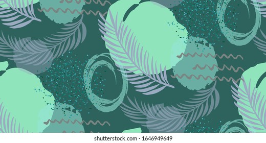 Abstract seamless pattern with hand draw circle, dots. Pink, green and gold modern pattern. Vector illustration with palm leaves.