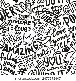 Abstract seamless pattern with hand draw words, hearts and signs. Funny black background. Wallpaper for cool teen girl