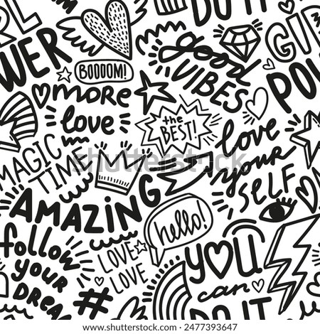 Abstract seamless pattern with hand draw words, hearts and signs. Funny black background. Wallpaper for cool teen girl