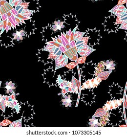 Abstract seamless pattern with hand drawing flowers. Vector illustration. Flowers on black, white, neutral, pink and blue colors.