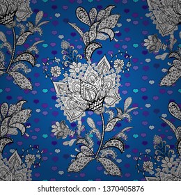 Abstract seamless pattern with hand drawing flowers. Flowers on blue, black and white colors. Vector illustration.