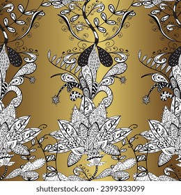 Abstract seamless pattern with hand drawing flowers. Flowers on white, brown and yellow colors. Vector illustration.