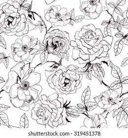 Abstract seamless pattern with hand drawing isolated white roses. Vector illustration.