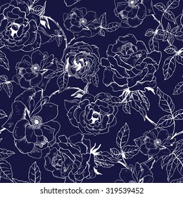 Abstract seamless pattern with hand drawing isolated blue with white roses on blue background. Vector illustration.