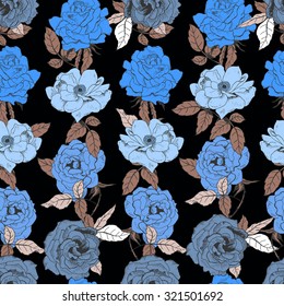 Abstract seamless pattern with hand drawing isolated blue roses on black background. Vector illustration.