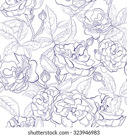 Abstract seamless pattern with hand drawing isolated white roses with black outline. Vector illustration.