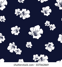 Abstract seamless pattern with hand drawing isolated white flowers silhouettes on dark blue background. Vector illustration.