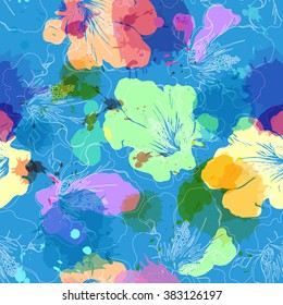 Abstract seamless pattern with hand drawing isolated flowers. Colorful flowers with silhouettes and outlines. Vector illustration.