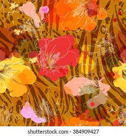 Abstract seamless pattern with hand drawing isolated flowers. Colorful flowers with silhouettes and outlines on imitation watercolor and animal skin background. Vector illustration.