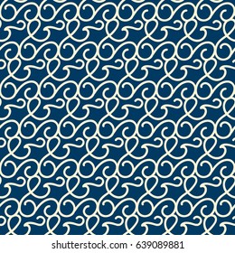 Abstract seamless pattern with hand drawing white doodle ornament on dark blue background flat vector illustration 