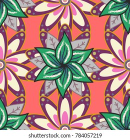 Abstract seamless pattern with hand drawing flowers. Vector illustration. Flowers on pink, purple and beige colors.