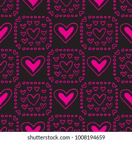 Abstract seamless pattern with hand drawn hearts. Valentines Day illustration. Design for wallpaper, wrapping paper home textile and romantic decorations.