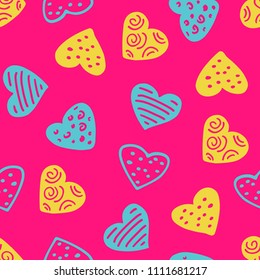 Abstract seamless pattern with hand drawn hearts. Valentines Day illustration. Design for gift wrap ping paper, textile prints and romantic decorations.