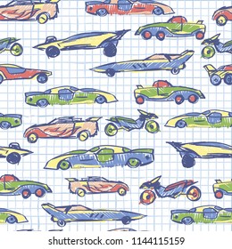 Abstract  seamless pattern with hand drawn cute car. School collection. Cartoon cars vector illustration. Notebook paper pattern. Perfect for kids fabric,textile,nursery wallpaper