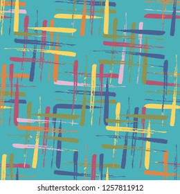 Abstract seamless pattern with hand drawn brush strokes and stripes. Trend color palette of 2019. Vector illustration for stylish background, banner, textile, wrapping paper design. EPS 10.
