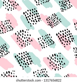 Abstract seamless pattern with hand drawn textures, Memphis style.