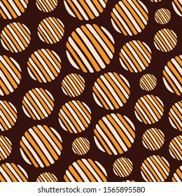 Abstract seamless pattern of hand drawn striped circles. Textured circles pattern. Brush strokes. Geometric shapes ornament. Diagonal lines of different thickness. Color vector background.