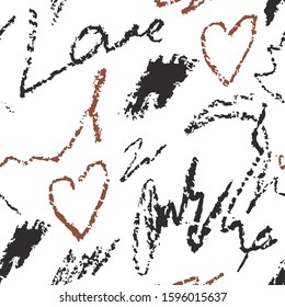 Abstract seamless pattern with hand drawn writing imitation texture. Scrawls and words, vector illustration.