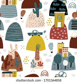 Abstract seamless pattern with hand drawn city on hills. Trendy kids vector background. Perfect for kids apparel, fabric, textile