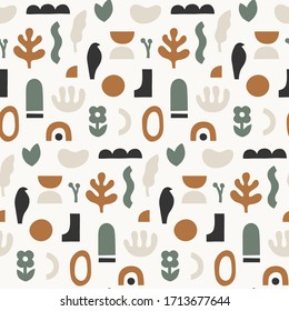 Abstract seamless pattern. Hand drawn shapes and doodle objects. Trendy vector illustration in collage style. Stamp texture. Vector design template for fabric, textile, wrapping paper, covers, etc.
