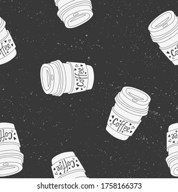 Abstract seamless pattern with hand drawn coffee cups to go on chalk board style background. Beautiful modern texture with monochrome elements. Background for your design, backdrops, wrapping