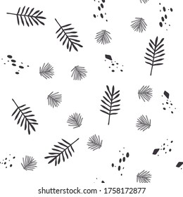 Abstract seamless pattern with hand drawn twigs, plants and plants. Beautiful modern texture with doodle elements.  background for your design, backdrops, wrapping, fabric print