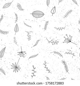 Abstract seamless pattern with hand drawn twigs, plants and plants. Beautiful modern texture with doodle elements.  background for your design, backdrops, wrapping, fabric print
