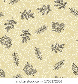 Abstract seamless pattern with hand drawn twigs, plants and plants. Beautiful modern texture with doodle elements.  background for your design, backdrops, wrapping, fabric print