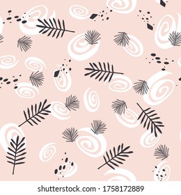 Abstract seamless pattern with hand drawn twigs, plants and plants. Beautiful modern texture with doodle elements.  background for your design, backdrops, wrapping, fabric print