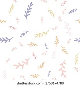 Abstract seamless pattern with hand drawn twigs, plants and plants. Beautiful modern texture with doodle elements.  Multicolored background for your design, backdrops, wrapping, fabric print