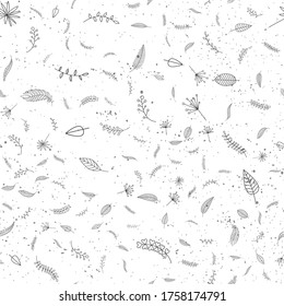 Abstract seamless pattern with hand drawn twigs, plants and plants. Beautiful modern texture with doodle elements.  Monochrome background for your design, backdrops, wrapping, fabric print