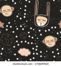 Abstract seamless pattern with hand drawn cute rabbits, planets, stars. Beautiful modern texture with chaotic painted elements. Multicolored background for your design.
