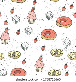 Abstract seamless pattern with hand drawn sweets. Beautiful modern texture with chaotic painted elements. Multicolored background for your design.