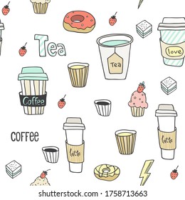 Abstract seamless pattern with hand drawn sweets and coffee to go. Beautiful modern texture with chaotic painted elements. Multicolored background for your design.