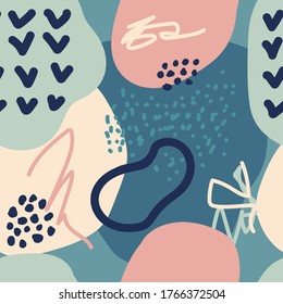 Abstract seamless pattern with hand drawn different shapes and doodle objects. Good for fabric print, cards, wrapping paper, decoration, etc. Vector illustration.