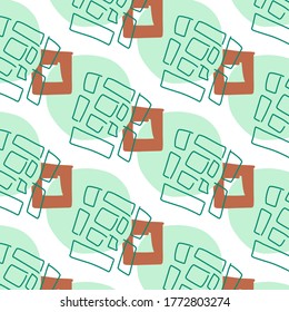 Abstract seamless pattern with hand drawn various shapes. Contemporary colorful vector illustration with mint, white colors. Fashionable template for design.