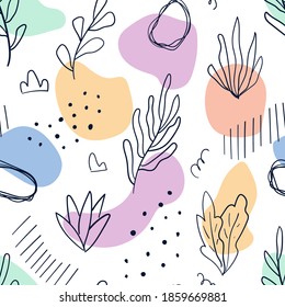 Abstract seamless pattern with hand drawn botanical elements. Vector illustration. Good for textile design. 