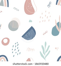 Abstract seamless pattern with hand drawn botanical and geometric shapes. Pastel natural colors. Vector illustration.