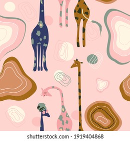 Abstract seamless pattern with hand drawn African giraffes family.Mid century modern style.Stains,stripes and waves shapes.Savannah,wild animals with sunglasses and turbans imitate people.Vector
