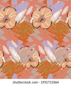 Resumen de un patrón impecable con garabatos dibujados a mano. Doodles de colores vivos hechos con pintura de crayón. Tintas rojas y salpicaduras con motivos florales en el jardín. Diseño artístico de envoltura de papel pintado.