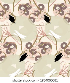 Abstract seamless pattern with hand drawn scribbles. Bright colored doodles made by marker crayon paint. Rough ink blobs and splashes with floral garden motif. Artistic wallpaper wrapping design.