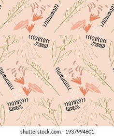 Abstract seamless pattern with hand drawn scribbles. Bright colored doodles made by marker crayon paint. Rough ink blobs and splashes with floral garden motif. Artistic wallpaper wrapping design.