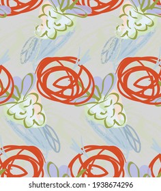Resumen de un patrón impecable con garabatos dibujados a mano. Doodles de colores vivos hechos con pintura de crayón. Tintas rojas y salpicaduras con motivos florales en el jardín. Diseño artístico de envoltura de papel pintado.