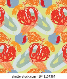 Abstract seamless pattern with hand drawn scribbles. Bright colored doodles made by marker crayon paint. Rough ink blobs and splashes with floral garden motif. Artistic wallpaper wrapping design.