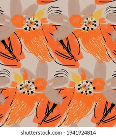 Abstract seamless pattern with hand drawn scribbles. Bright colored doodles made by marker crayon paint. Rough ink blobs and splashes with floral garden motif. Artistic wallpaper wrapping design.
