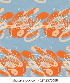 Abstract seamless pattern with hand drawn scribbles. Bright colored doodles made by marker crayon paint. Rough ink blobs and splashes with floral garden motif. Artistic wallpaper wrapping design.