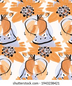 Abstract seamless pattern with hand drawn scribbles. Bright colored doodles made by marker crayon paint. Rough ink blobs and splashes with floral garden motif. Artistic wallpaper wrapping design.