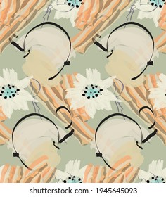 Abstract seamless pattern with hand drawn scribbles. Bright colored doodles made by marker crayon paint. Rough ink blobs and splashes with floral garden motif. Artistic wallpaper wrapping design.